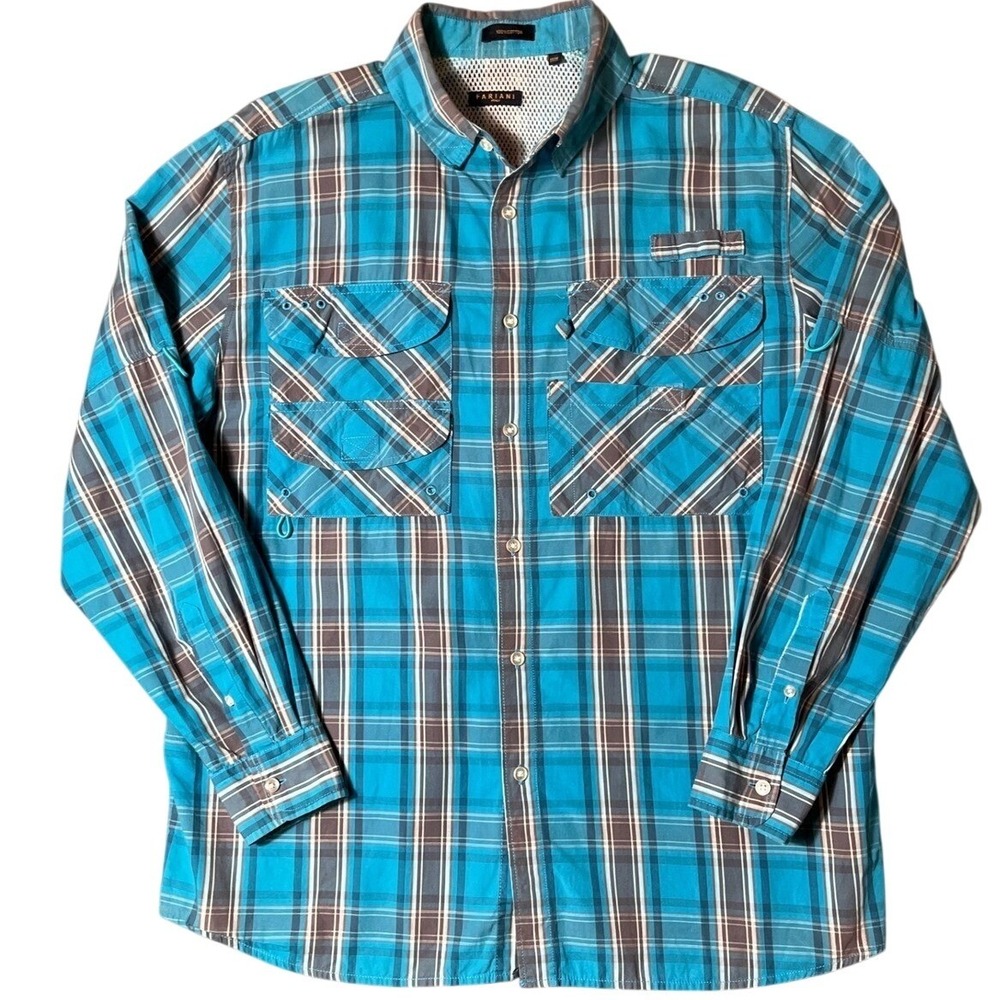 Mens Sz M Fariani Italy 100% Cotton Blue Plaid Fishing Outdoor Utility Shirt